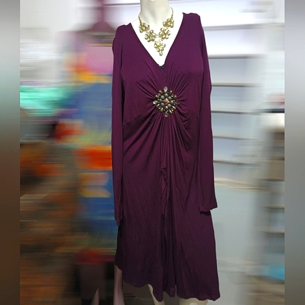 Karen Kane Dress XL Wine Plum Purple Gathered Jewel Front Knit Sheath Sleeves